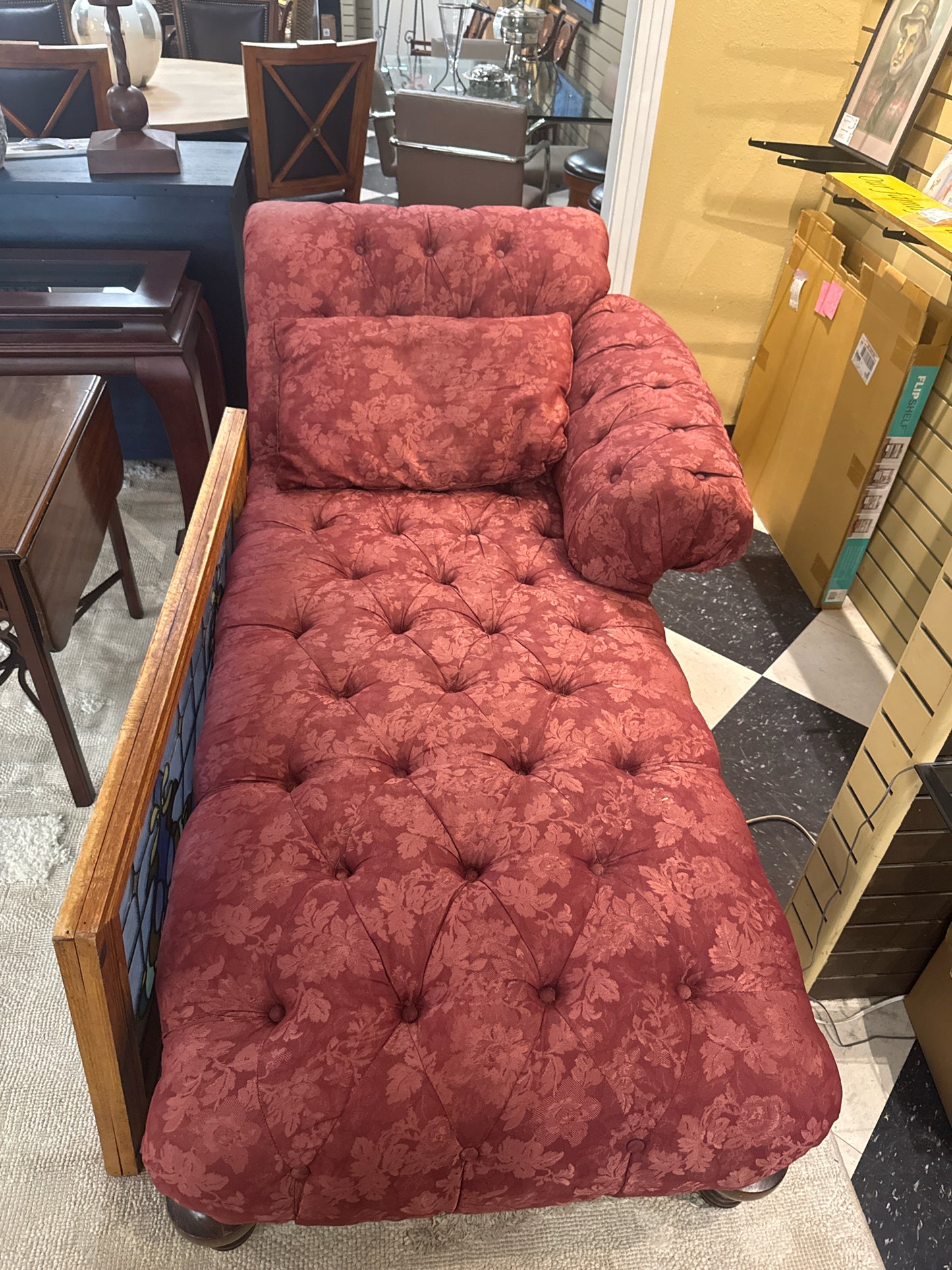 Vintage Tufted Dark Red Chaise Lounge w/Matching Pillow