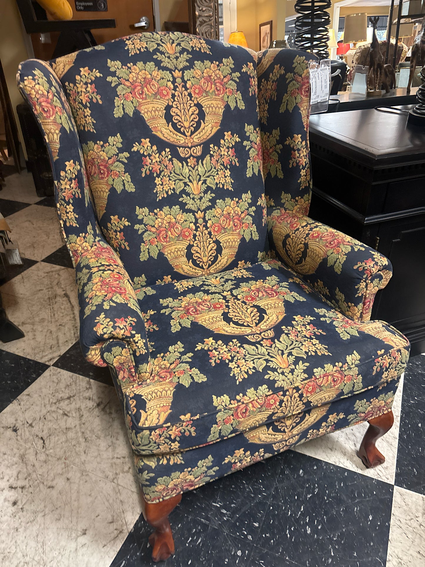 Wingback Chair w/ Custom Upholstery & Claw Feet (Blue/Gold/Orange/Green)