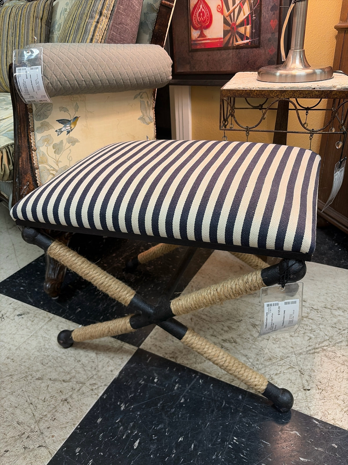 Uttermost Bench B&W w/Rope Wrapped Legs