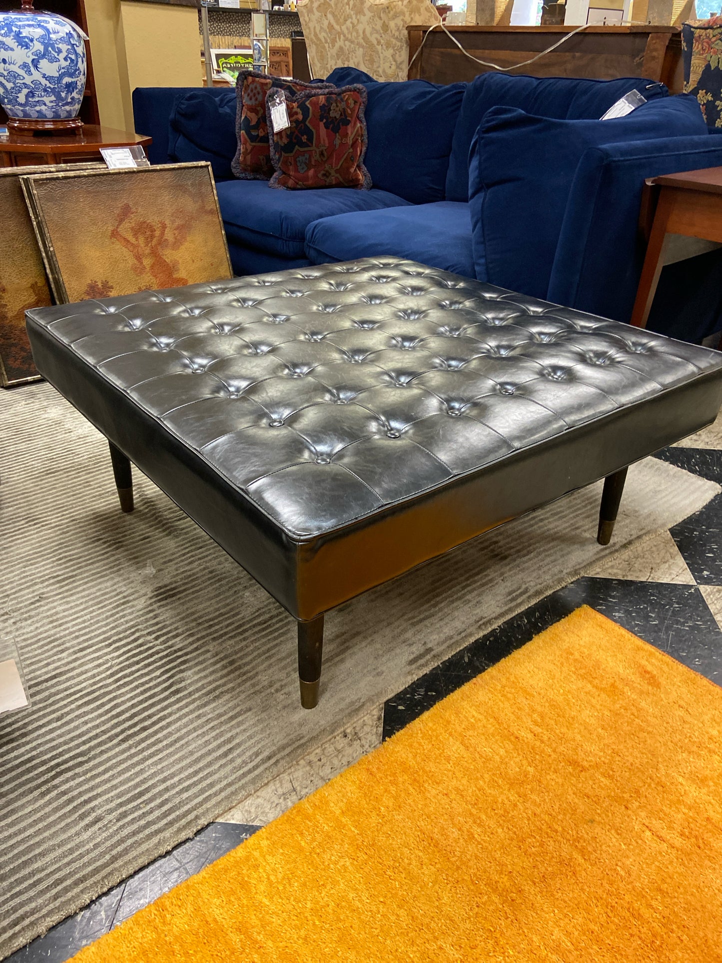 Black Leather Tufted Ottoman