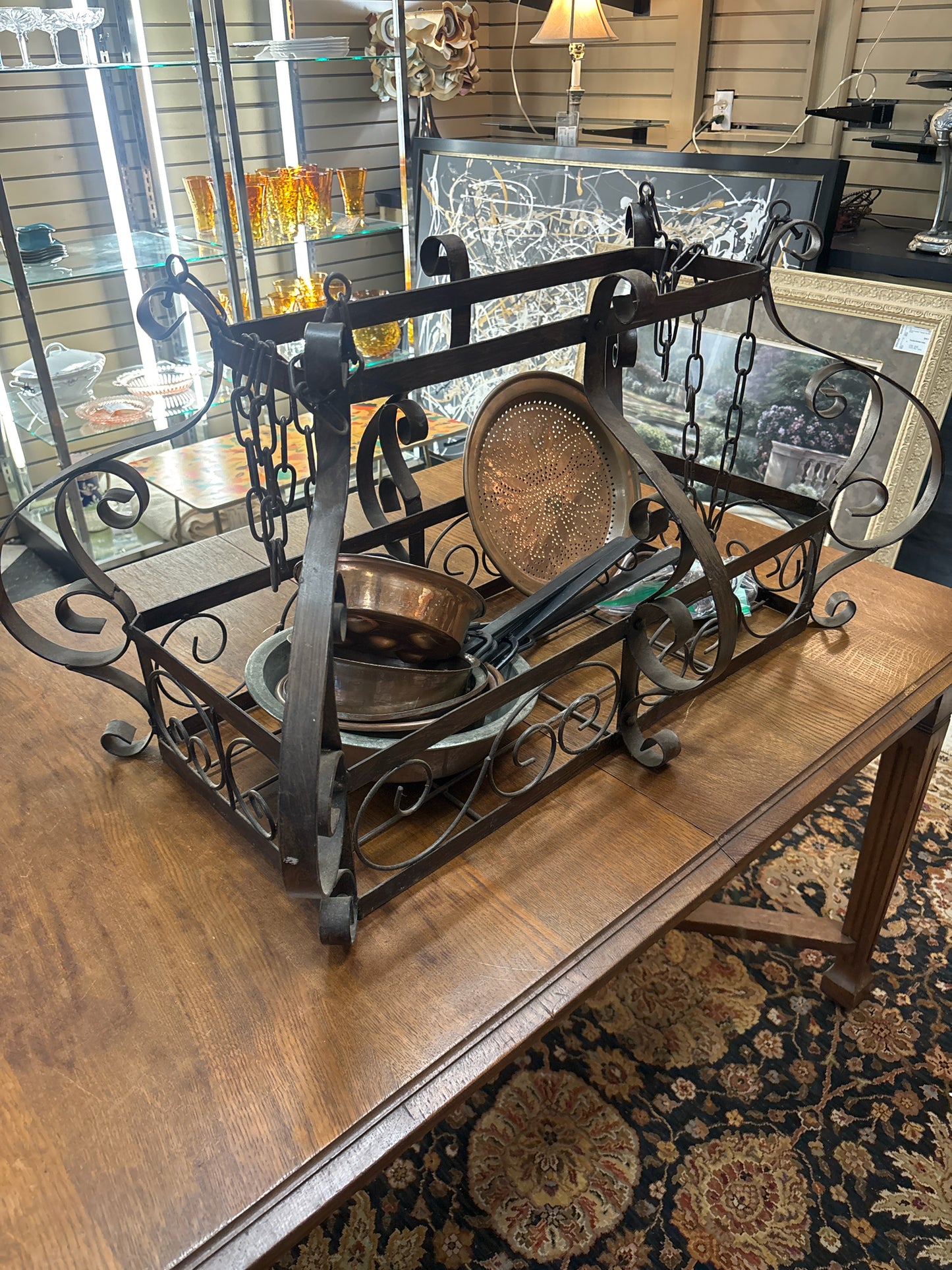 Wrought Iron Hanging Pot Rack w/ Copper Pots