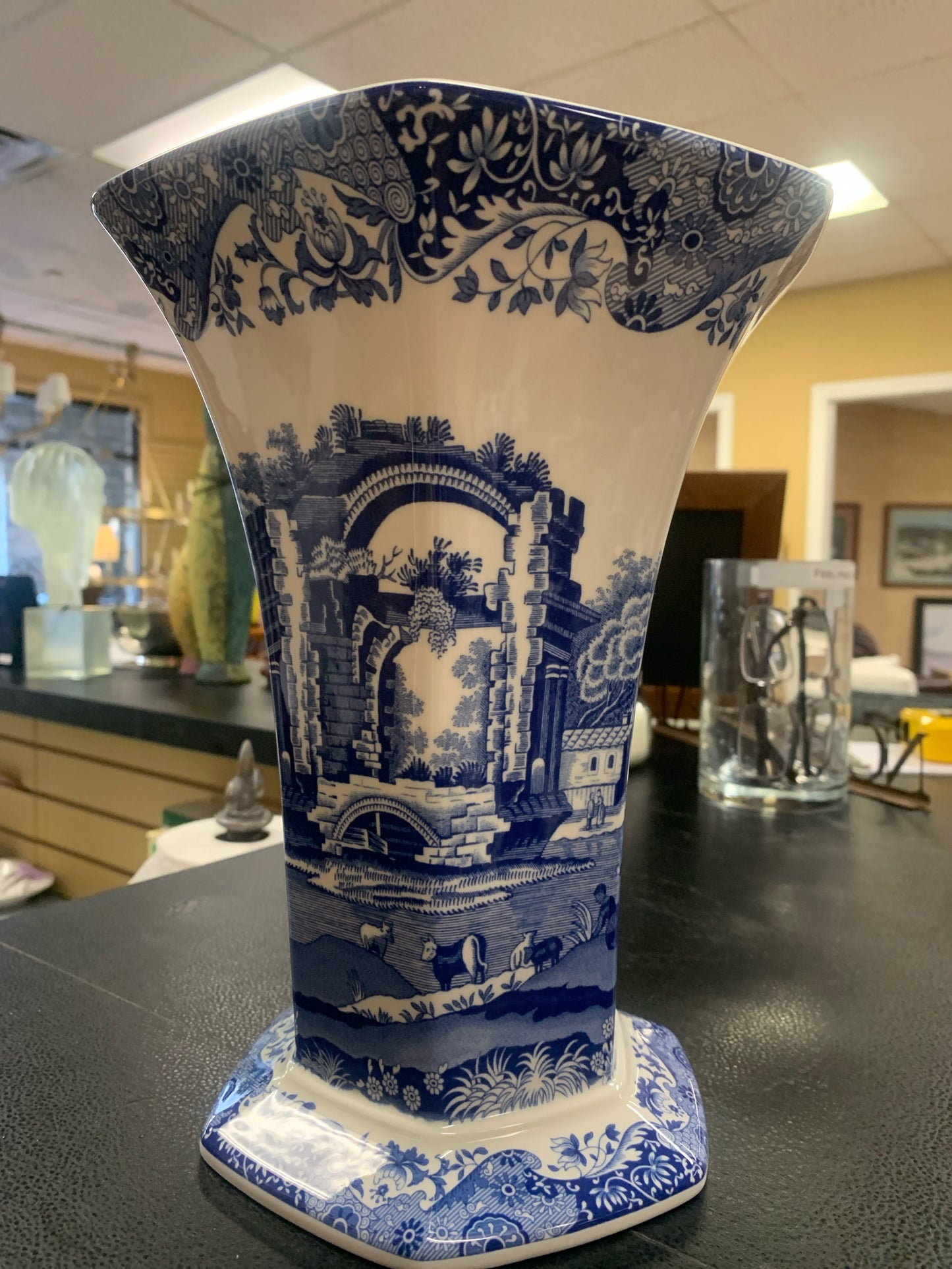 SPODE - Italian Blue & White Hexagonal Vase w/ Village Scene 10"