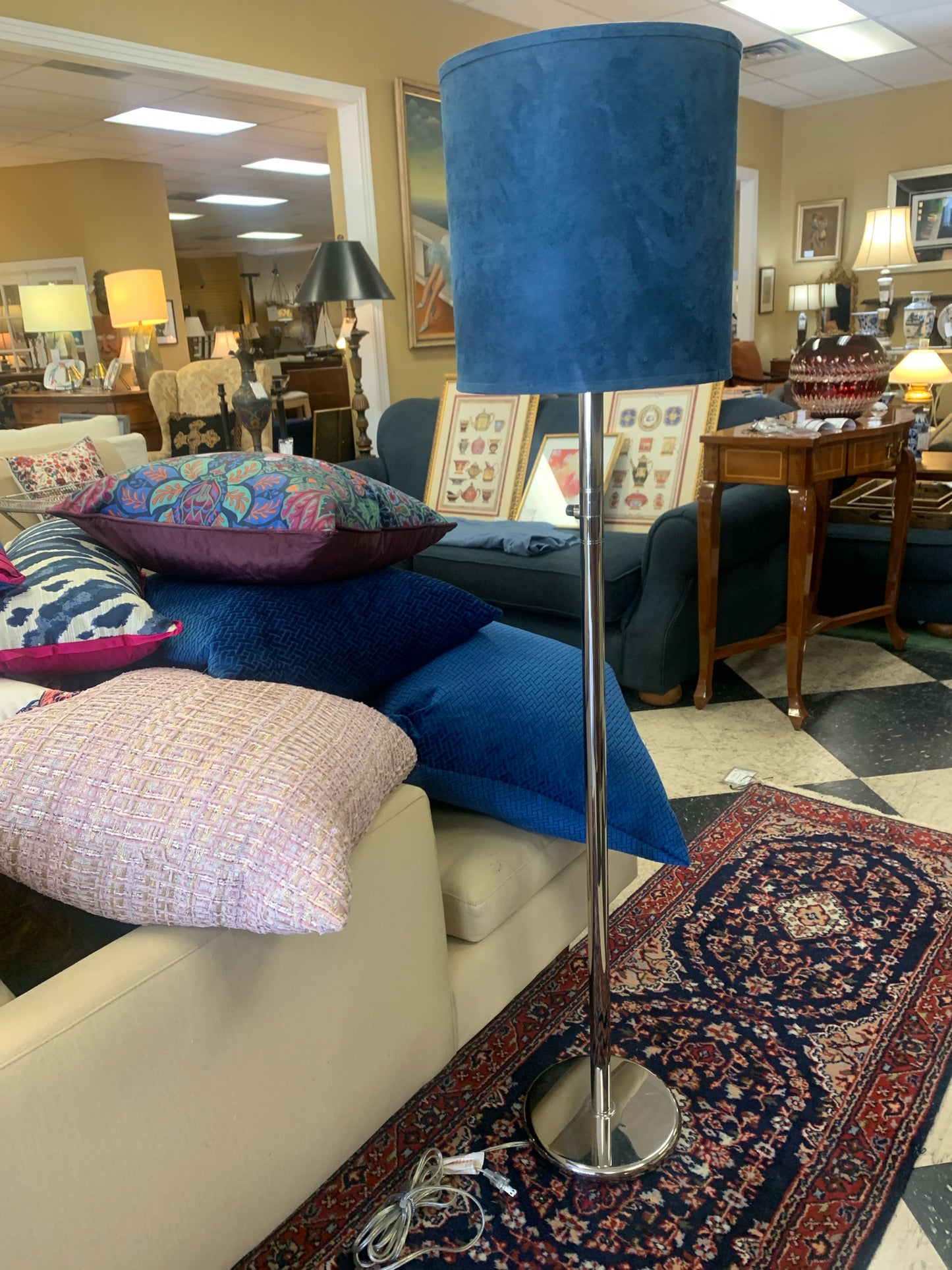 Chrome Floor Lamp w/ Blue Suede Shade 60"