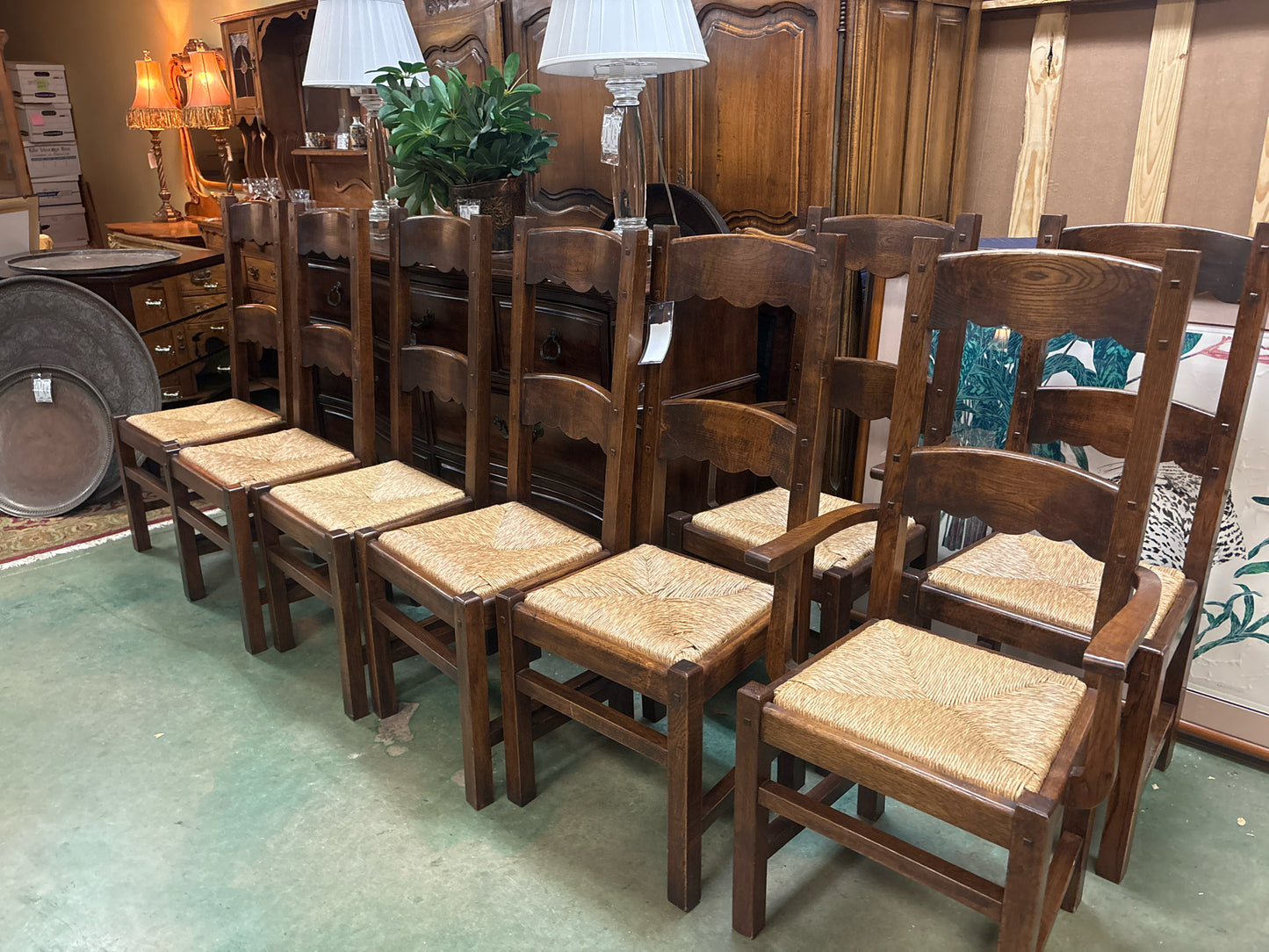 Set of 8 Rustic Ladderback Dining Chairs 6 armless 2 w/arms