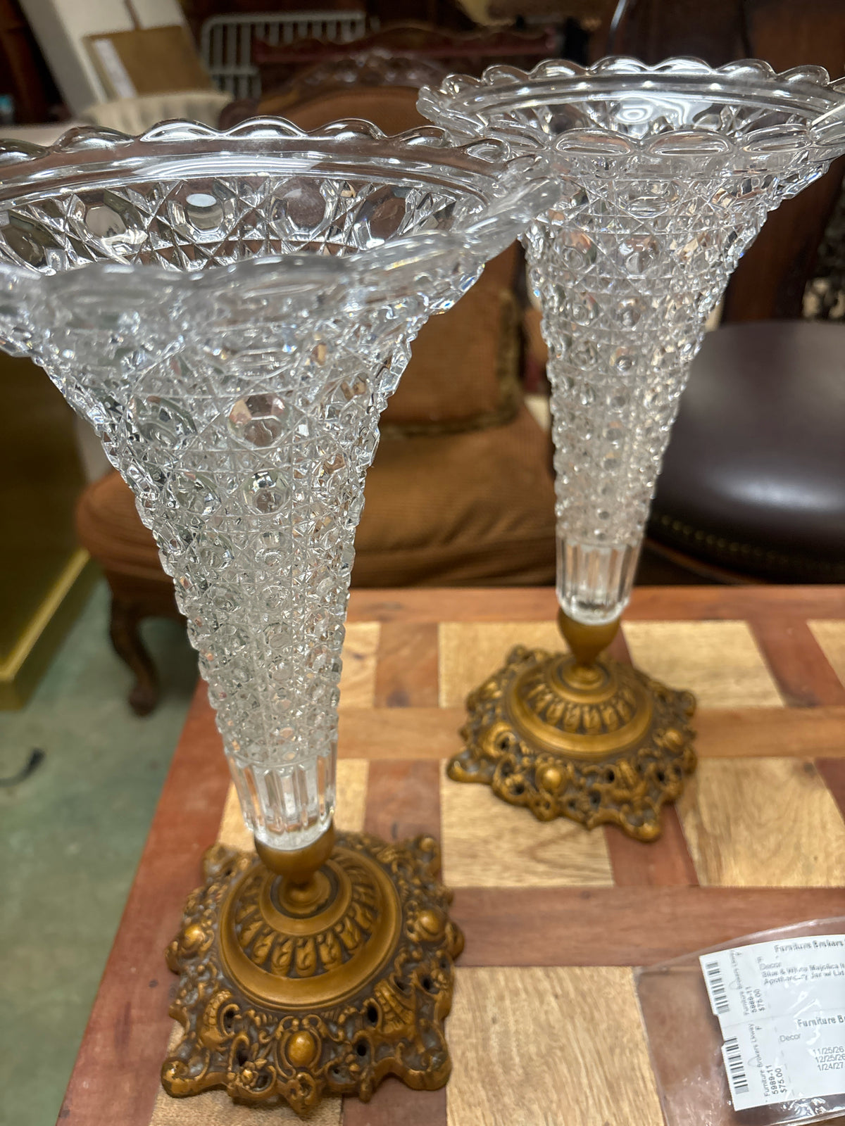 PAIR of Cut Crystal Trumpet Vases on Painted Gold Base