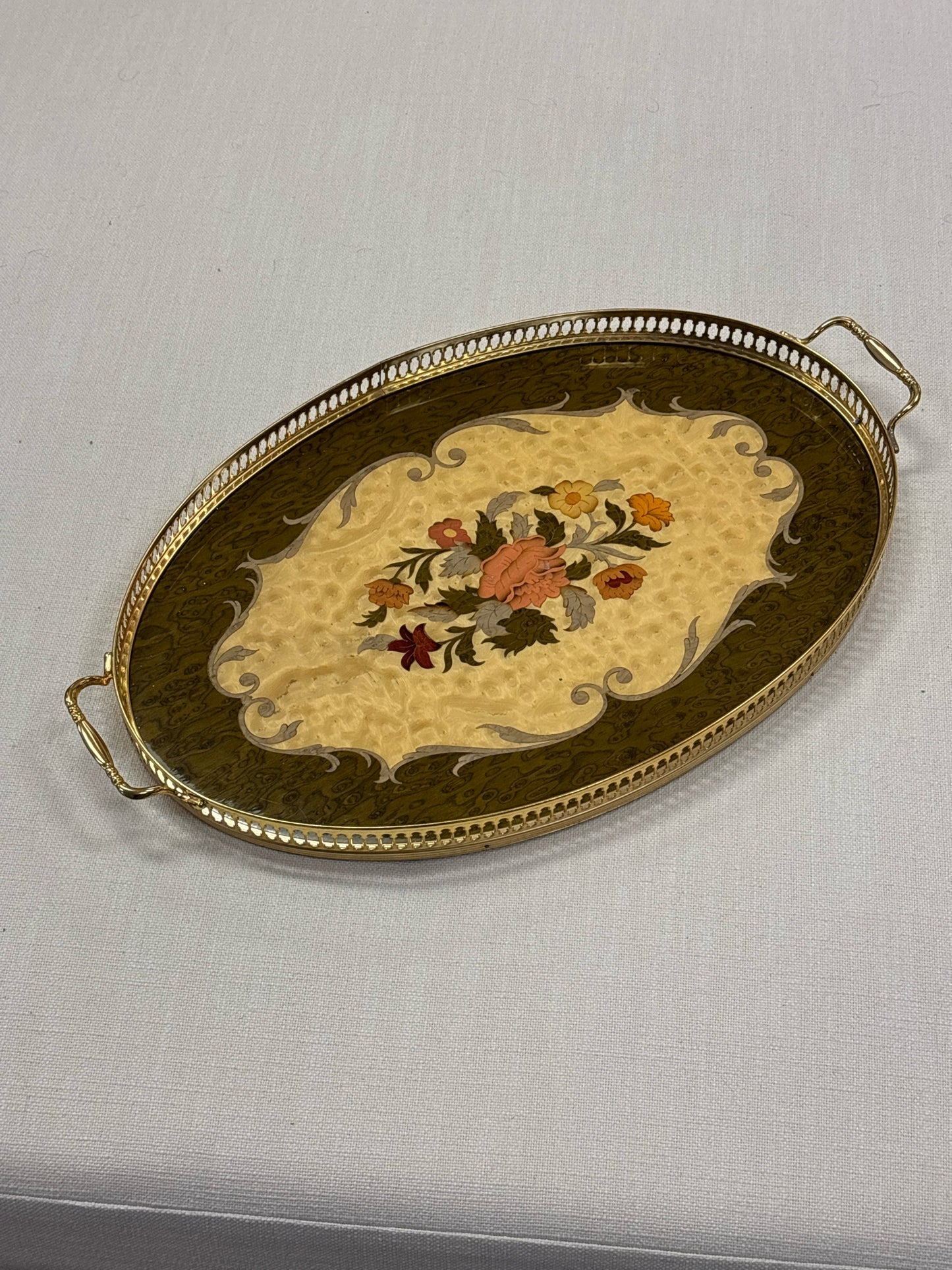Oval Italian Marquetry Serving Tray w/ Florals and Brass Trim