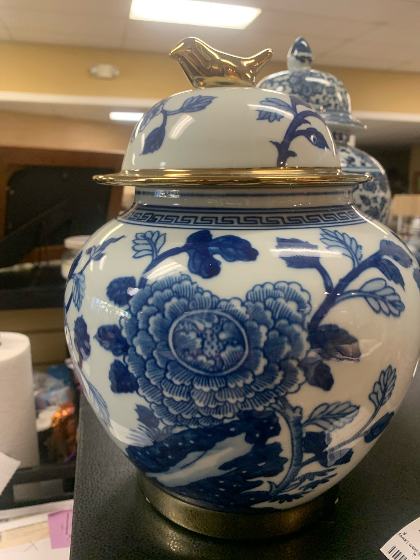 William Sonoma - Ginger Jar w/ Gold Trim & Bird Lid 11"