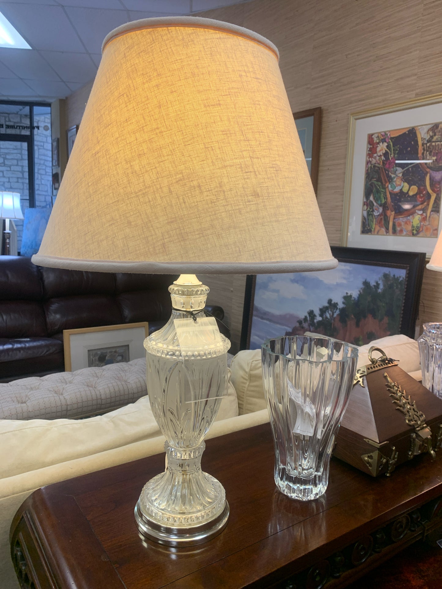 Antique Crystal Light w/ Linen Shade 31"