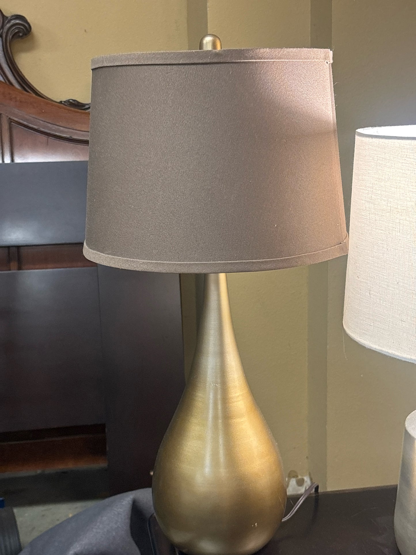 Gold Tear Drop Shape Lamp w/ Brown Shade