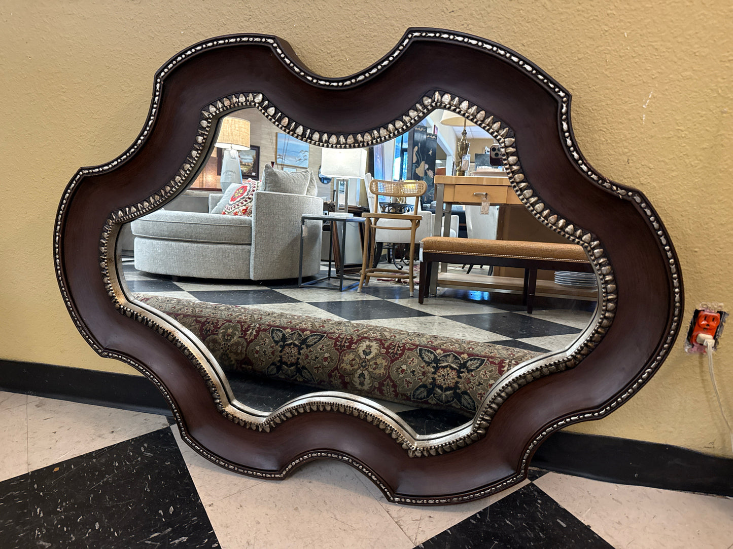 (47"x 32") Framed Mirror w/Scalloped Edge & Sectioned Glass w/Beaded Edging