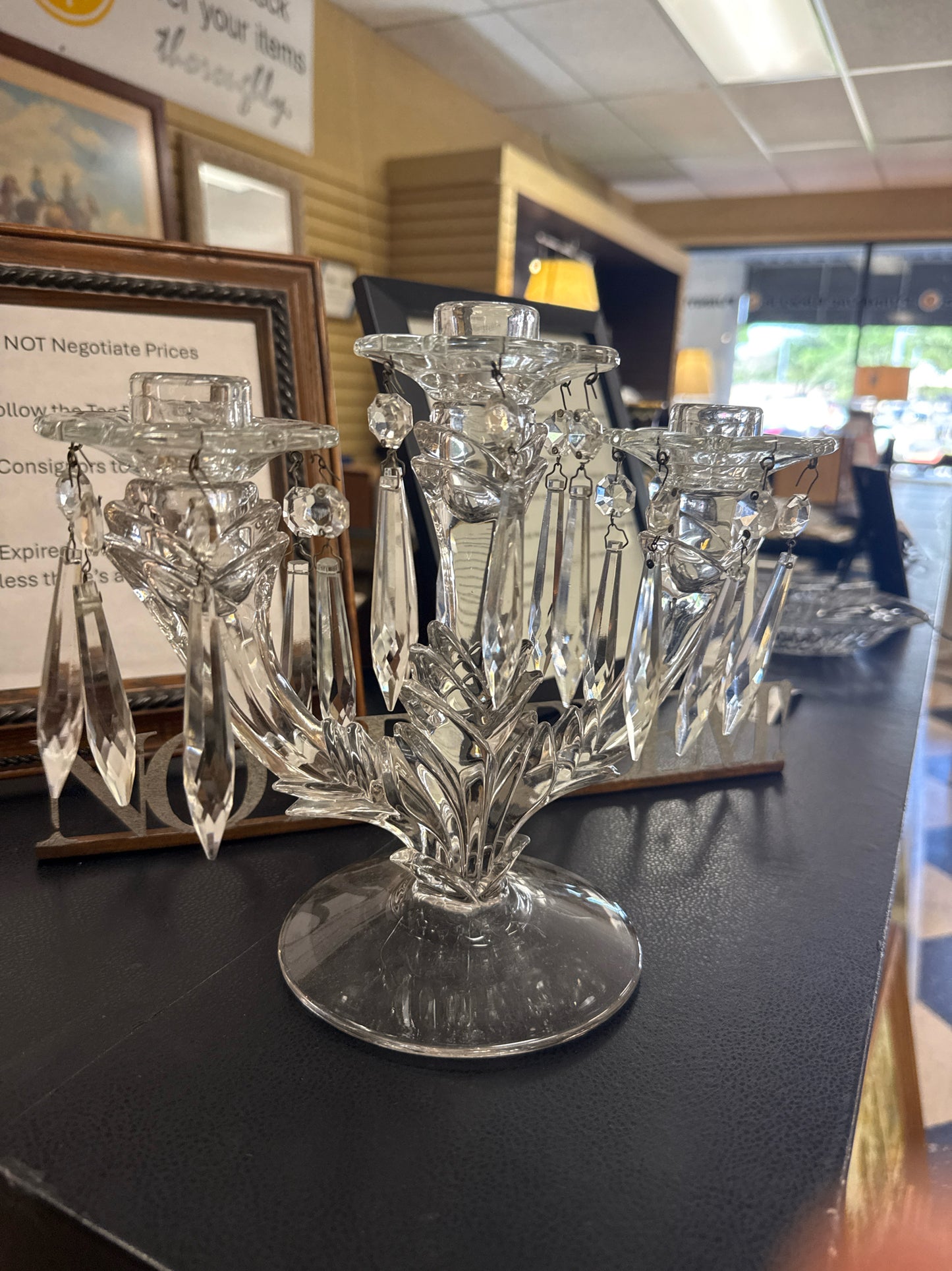 Vintage Fostoria Baroque three Flame Candelabra with Prism's