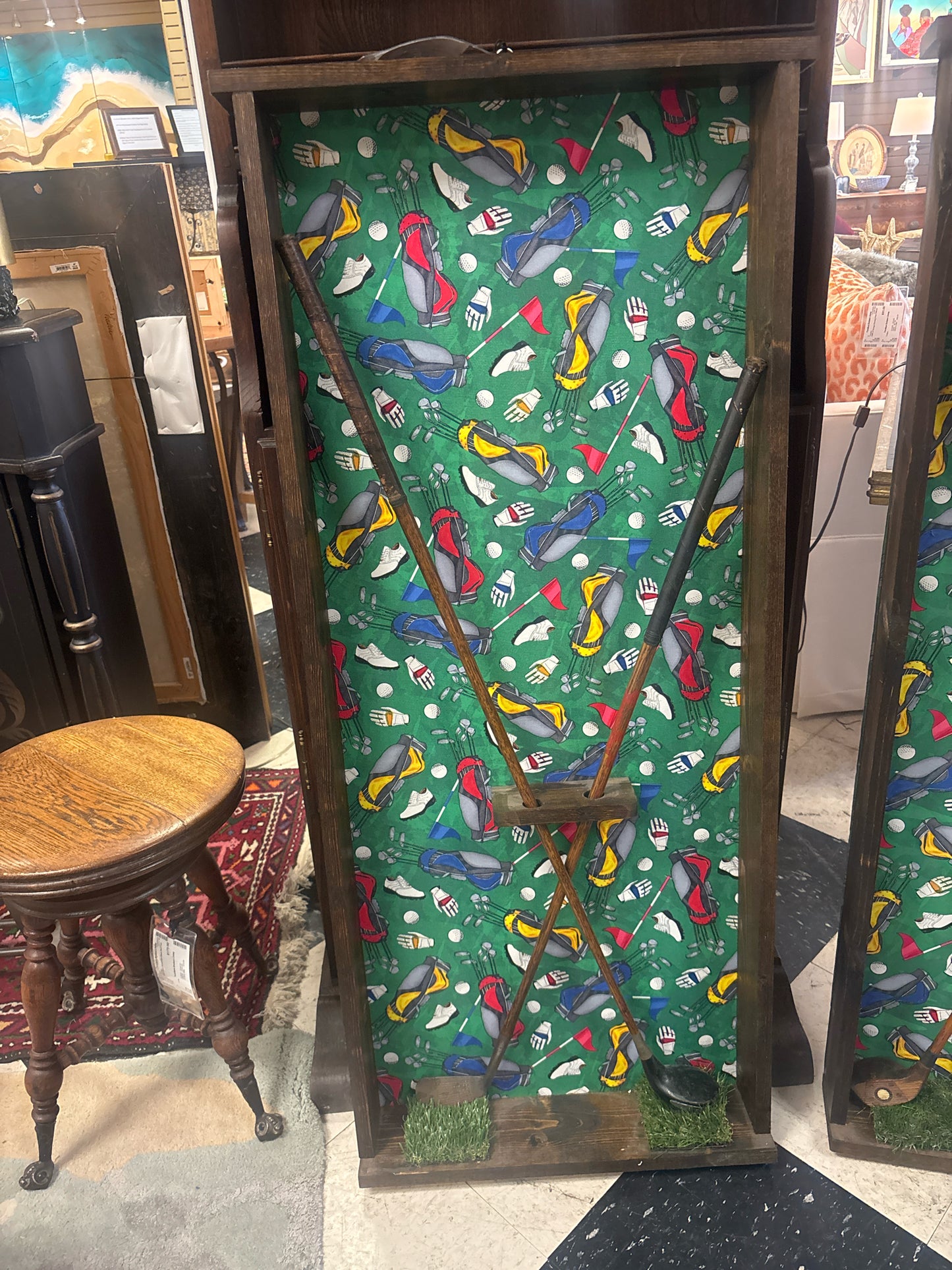 (22 x 48) Wooden Shadowbox w/Pair Antique Golf Clubs