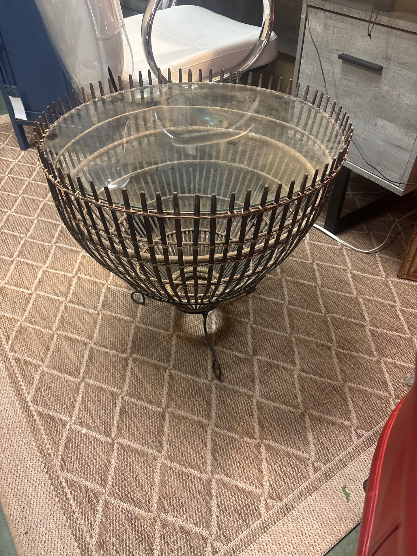 Franco Albini Style Rattan Round Fishing Basket & Glass Side Table