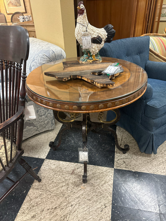 Round Iron w/ Wood Inlay End Table w/ Glass Top