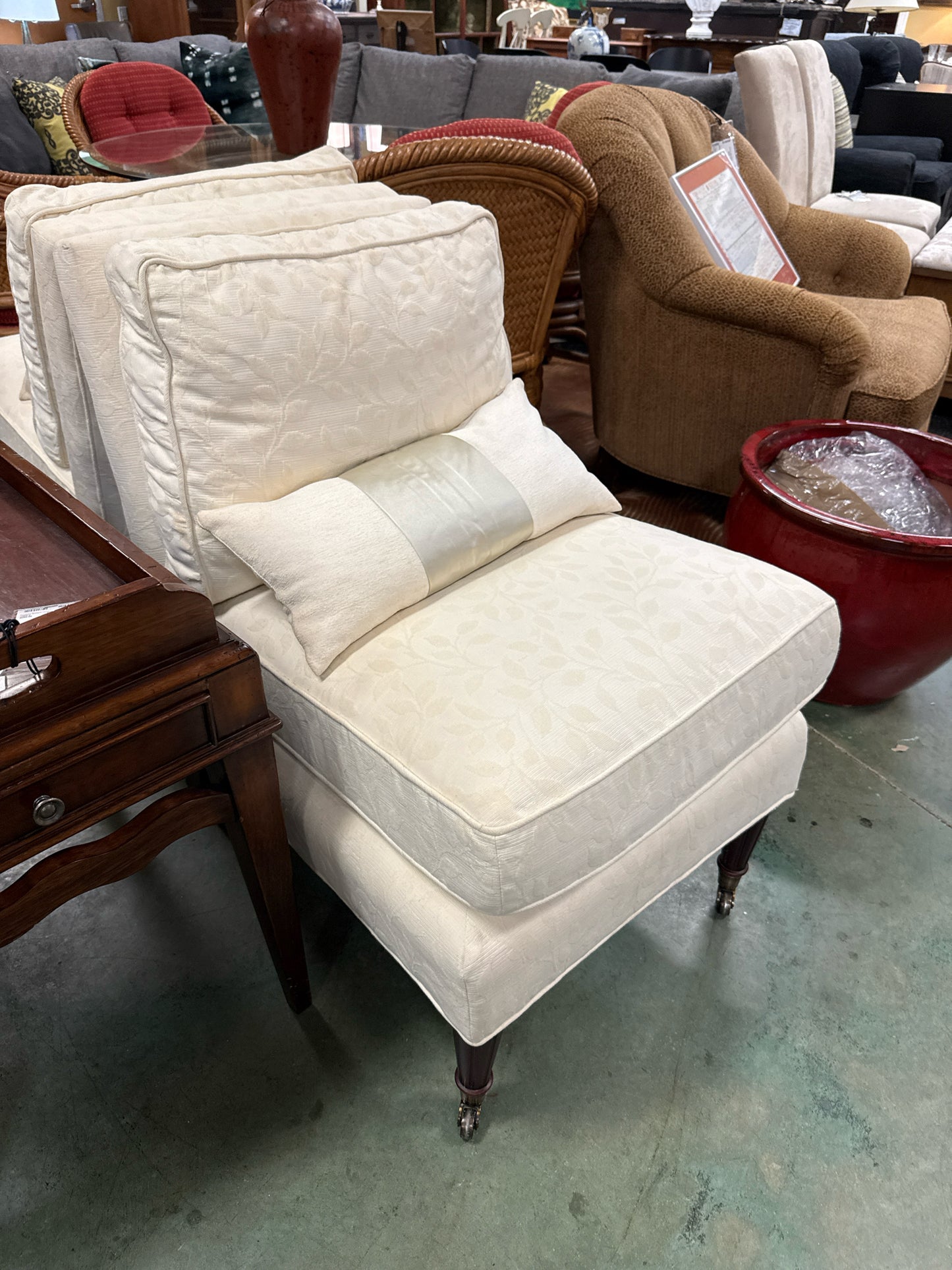 Off-white Custom Down-filled Edwardian-style Chair on/Casters w/Pillow