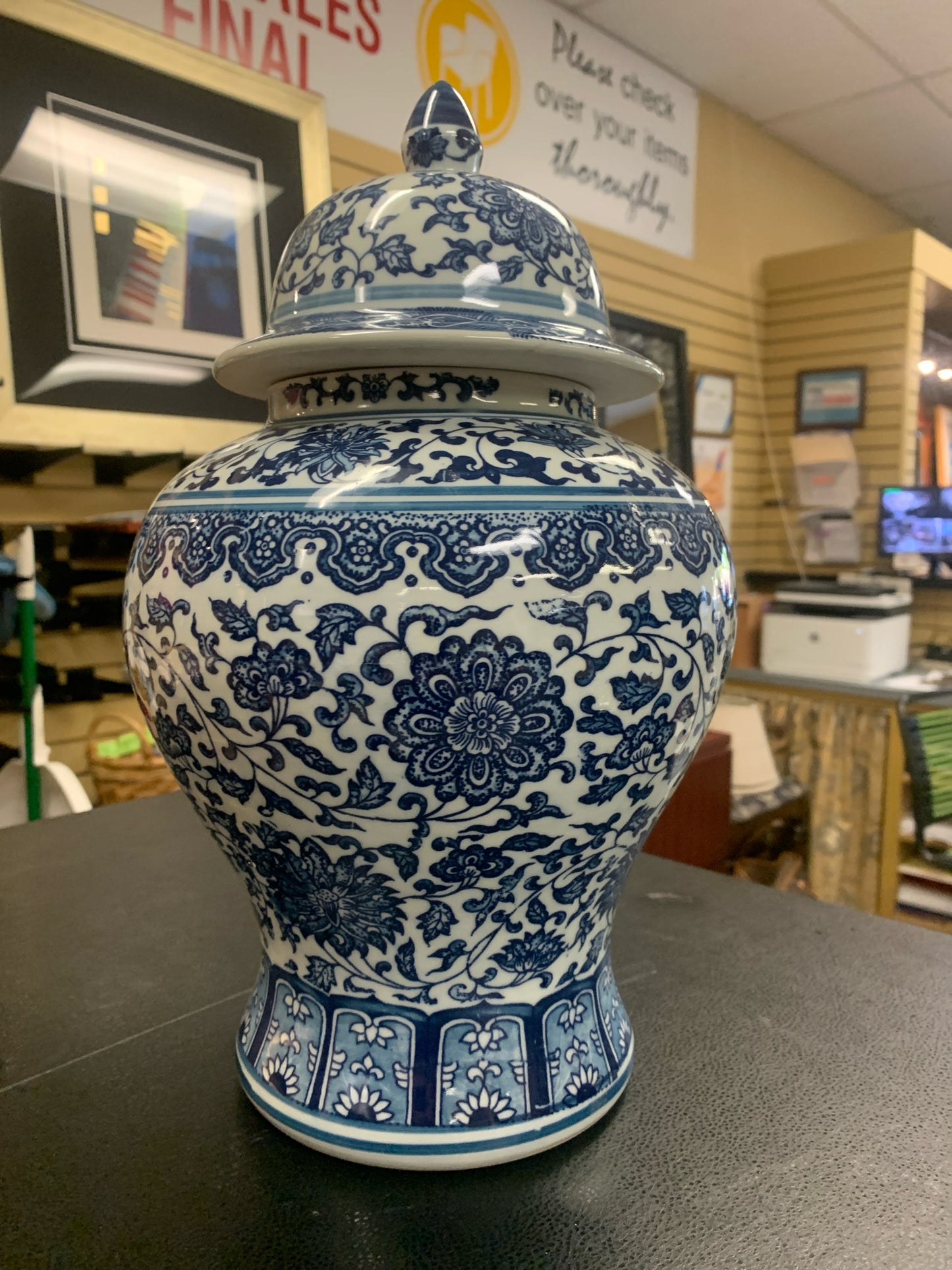 Stamped Blue & White Floral Ginger Jar w/ Lid 14"