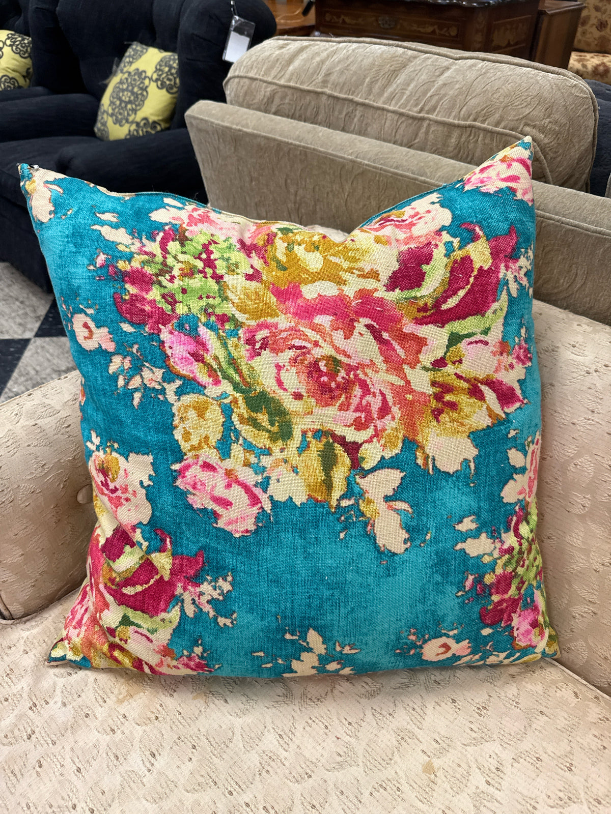 Turqoise/Floral Down Filled w/Linen Back Pillow (24"x 24")