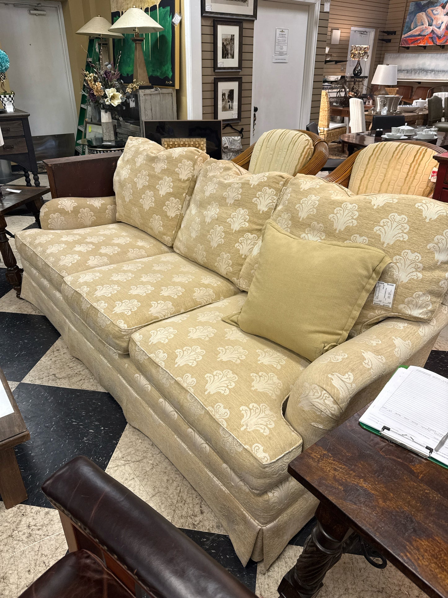 Ivory Damask Print Chippendale Style Sofa