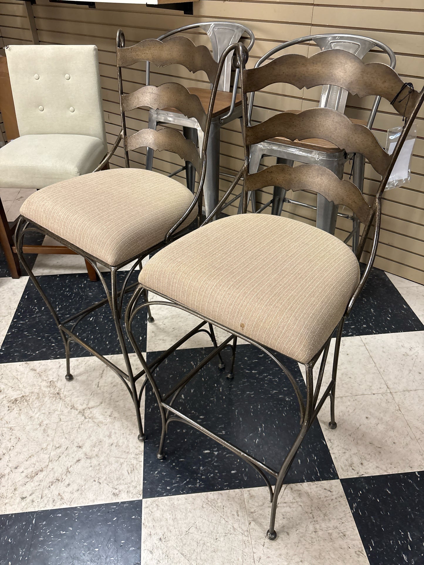 PAIR of Wrought Iron Barstools w/ Striped Upholstery
