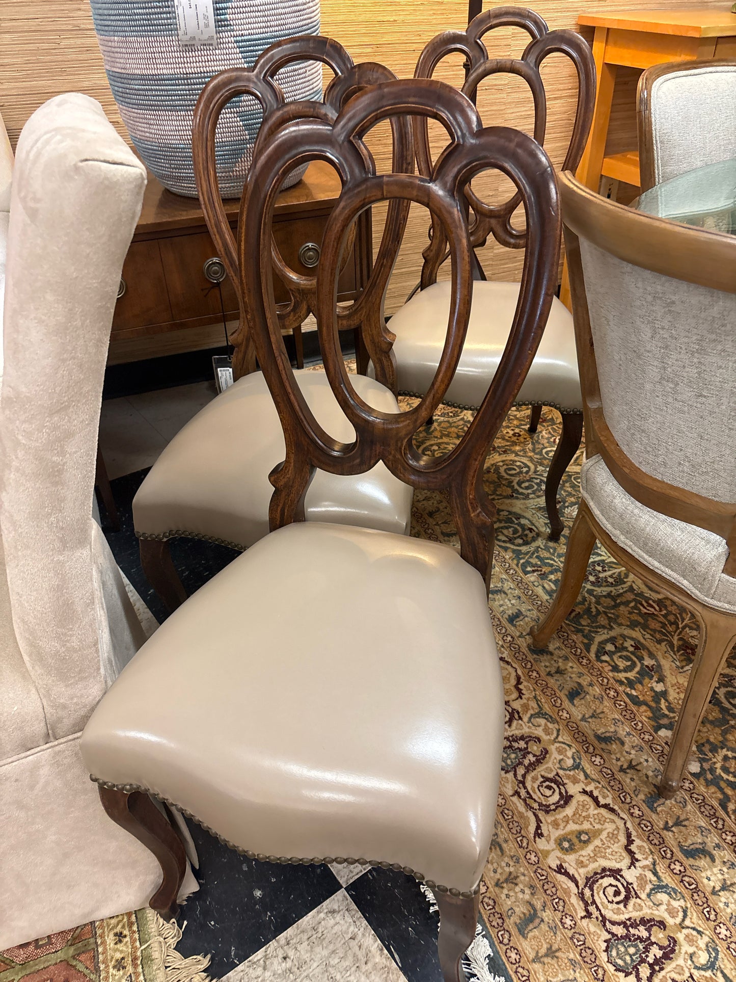 SET of 4 Wooden Side Dining Chairs w/ Taupe Vinyl Seats & Nailheads