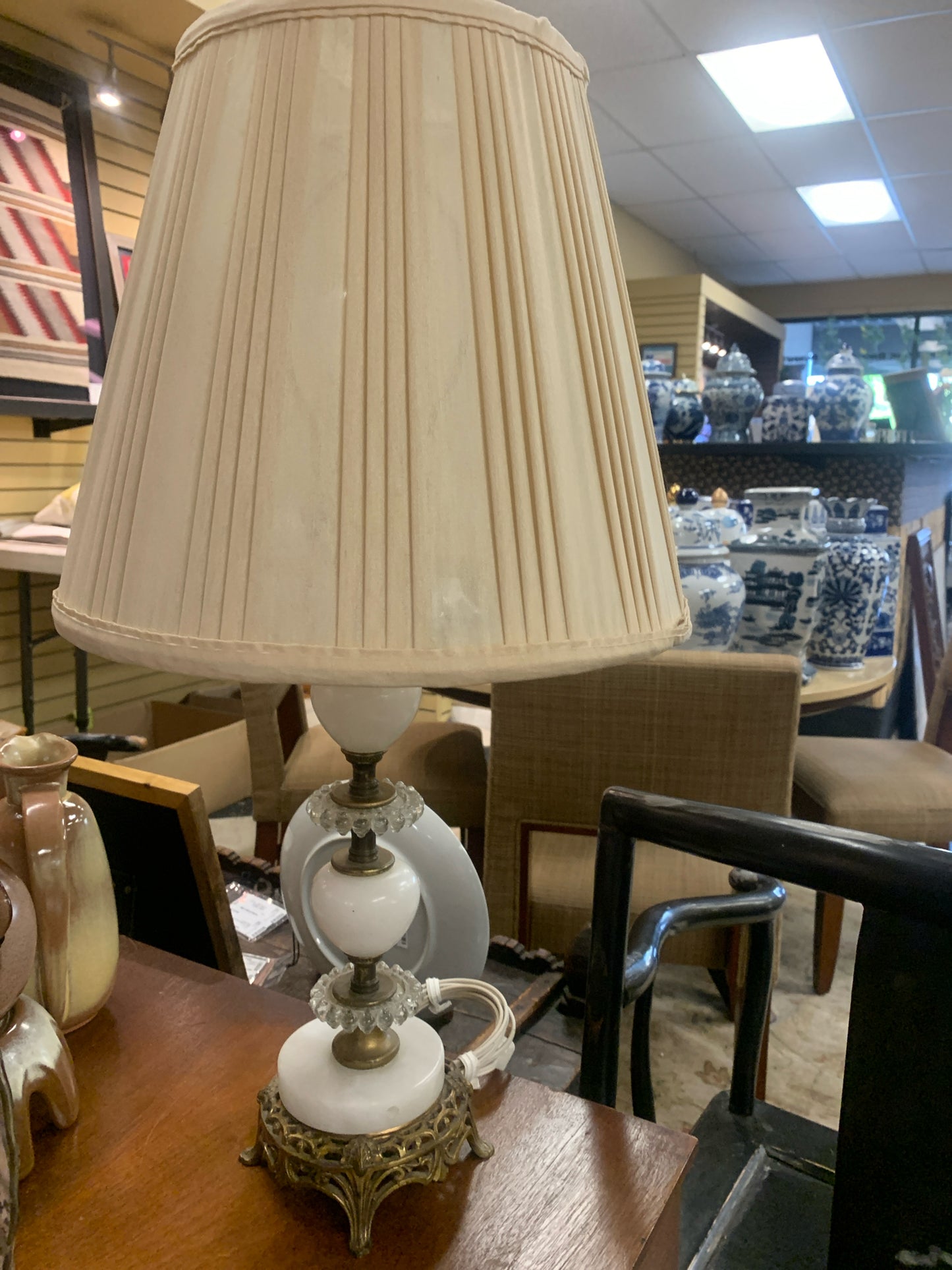 PAIR - 1950's Hollywood Brass & White Table Lamps w/ Pleated Shade 24"