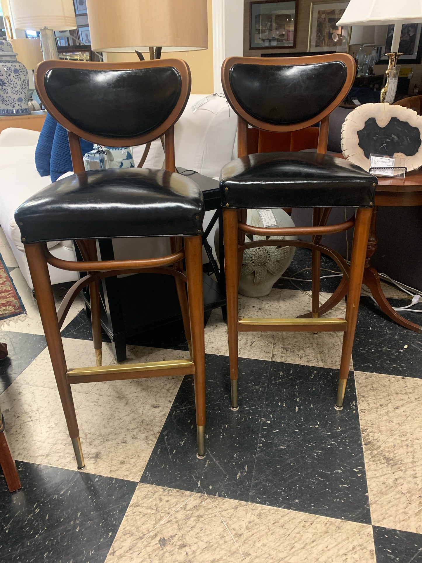 PAIR - Vintage Brentwood Bar Height Stools Black Vinyl & Brass Hardware