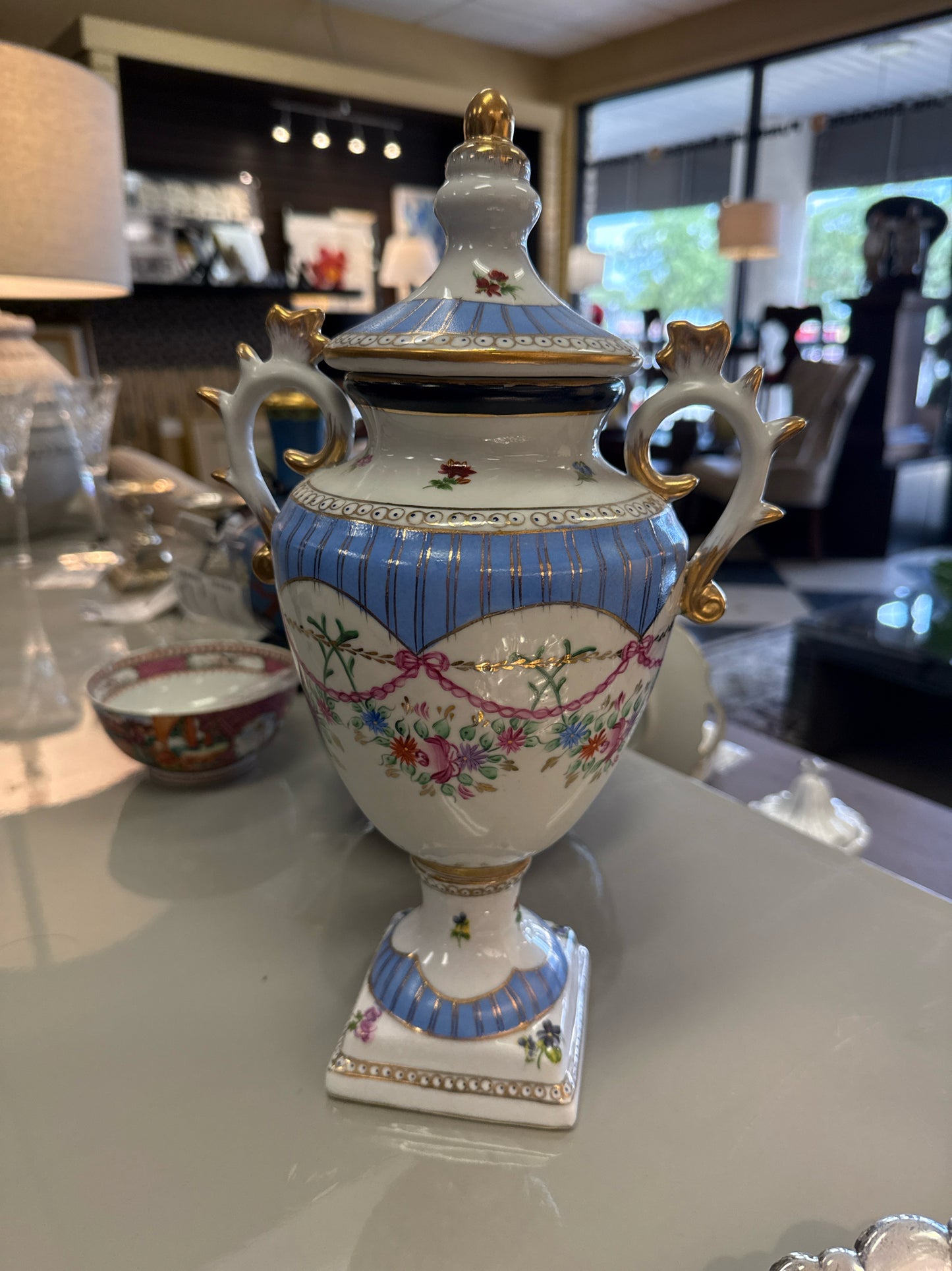 14" Limoges Vase/Urn Powder Blue w/Flowers