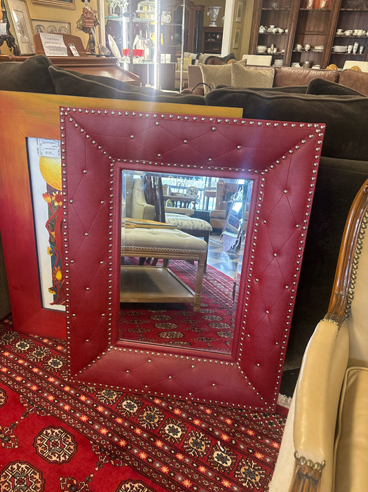 Red Faux Leather Studded Beveled Mirror (32x48)