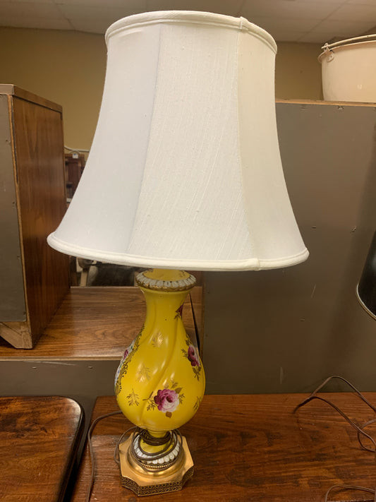 Antique Table Lamp Yellow Porcelain w/ Roses and Cream Shade