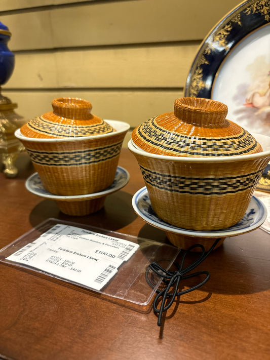 SET of 2 Gaiwan Bamboo & Porcelain Tea Cups