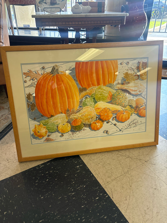Signed Original Watercolor (Pumpkins & Gourds) in Wood Frame - 36"x26"