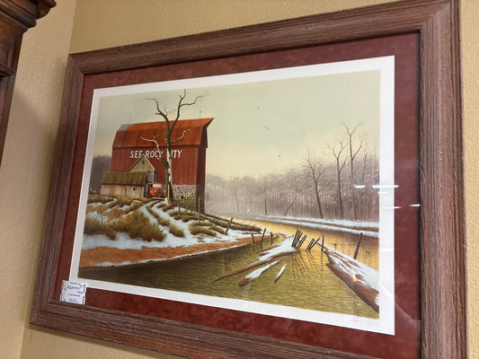 Signed/#'d Lithograph "Will Creek" w/Red Barn in Wood Frame 41.5 x31.5-COA Inc.