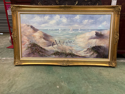 Signed Oil on Canvas w/Sailboats in Gold Ornate Frame (55x32)
