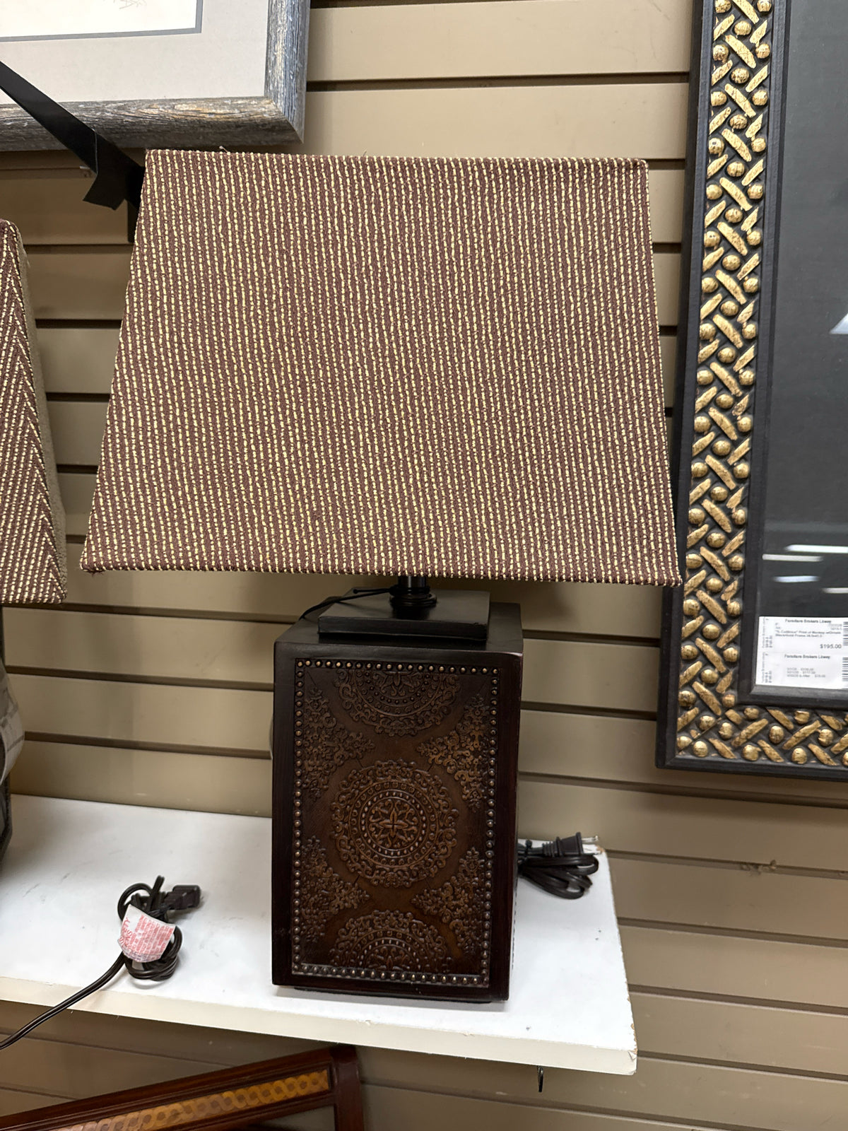 Brown Square Table Lamp w/Striped Shade