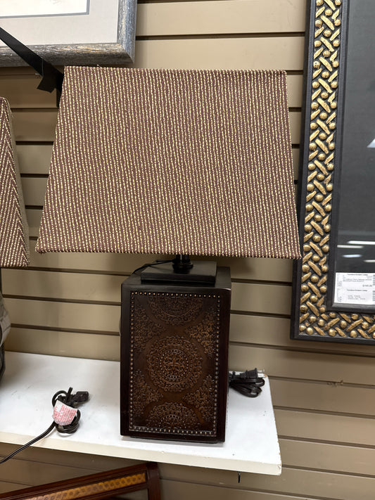 Brown Square Table Lamp w/Striped Shade