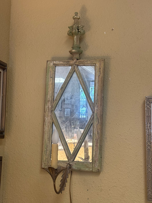 Antique Wood & Mirror Sconce w/ One Arm ELECTRIC (Round Top)