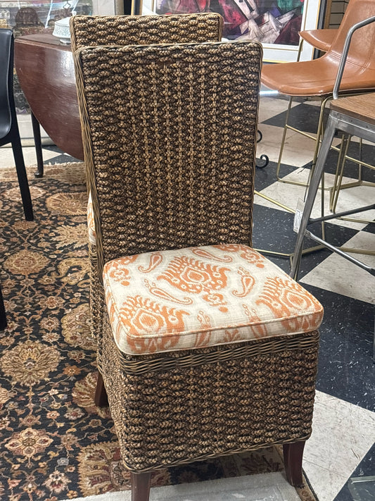 SET of 6 Woven Wicker Chairs w/ Orange/Gray/Cream Cushions