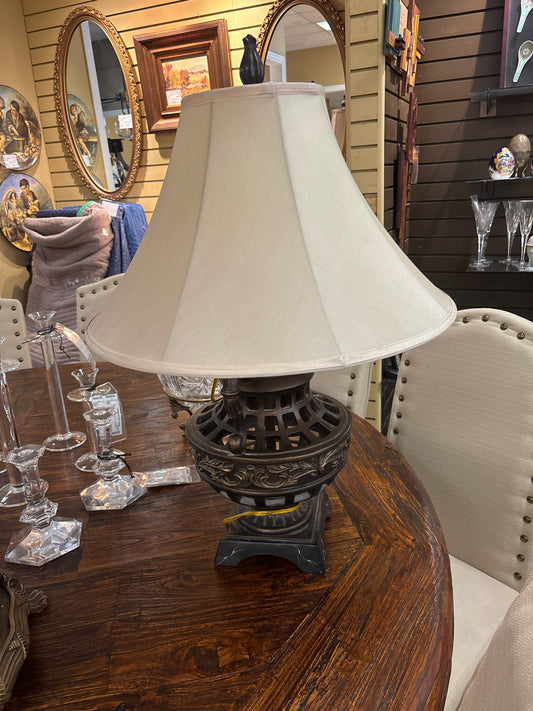 Brown Two Handle Ornate Lamp w/ Gold Shade