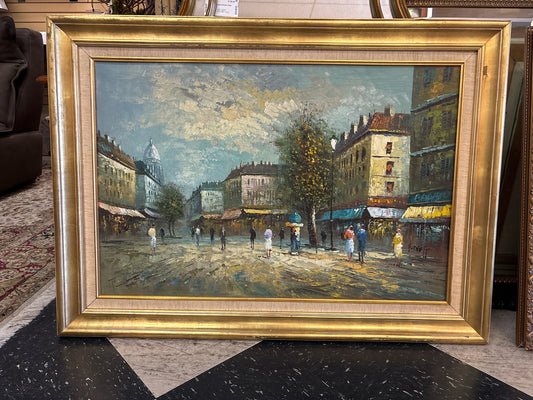 Original Signed Oil Parisian Street Scene by C. Burnett w/Gold Frame (33.5"x 44.