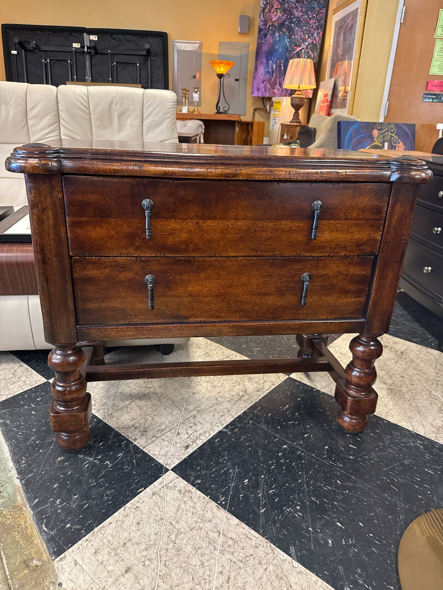 Solid Wood Side Table w/ 2 Drawers & Ornate Pulls