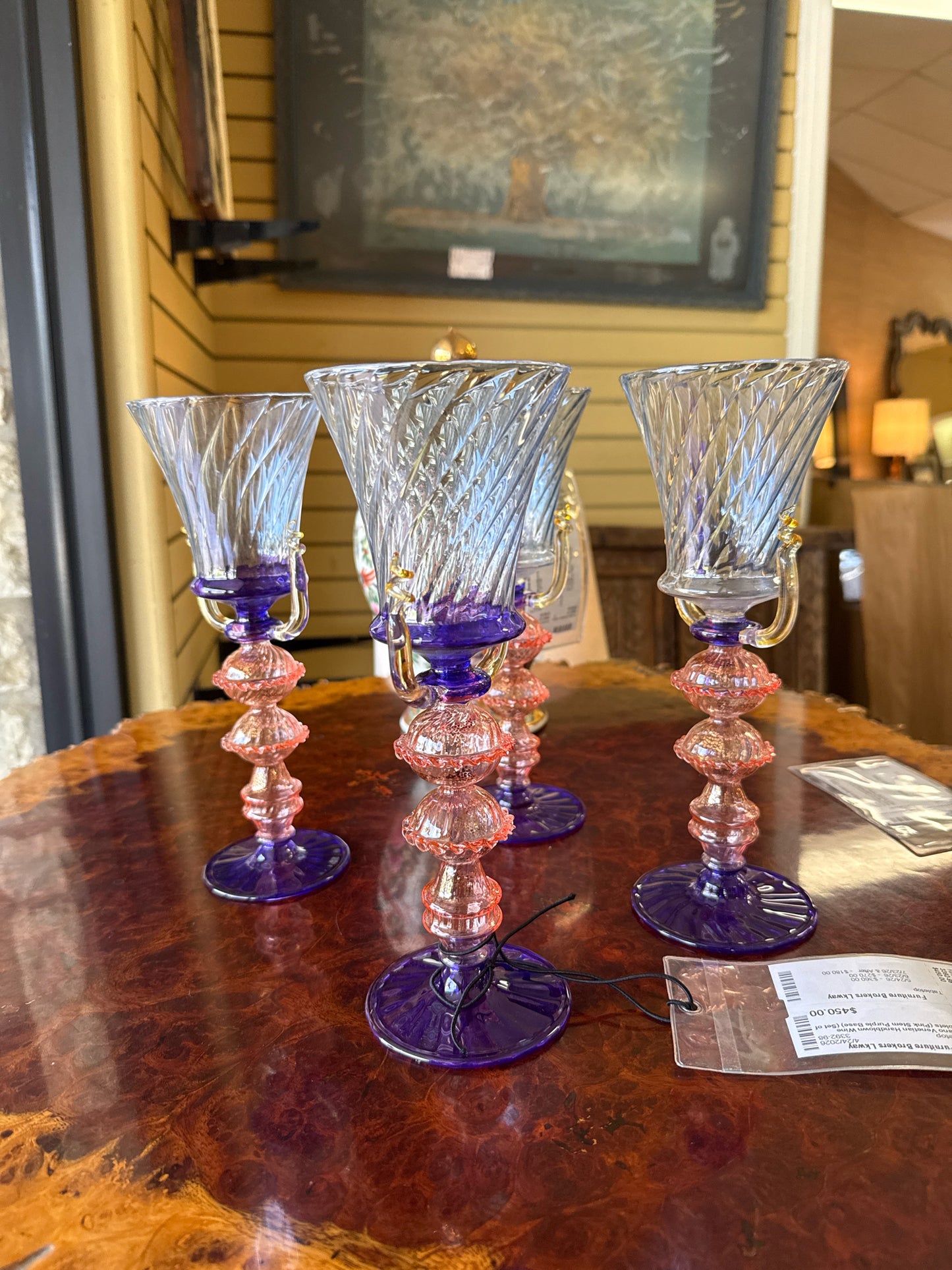 Murano Venetian Handblown Wine Goblets (Pink Stem Purple Base) (Set of 4)
