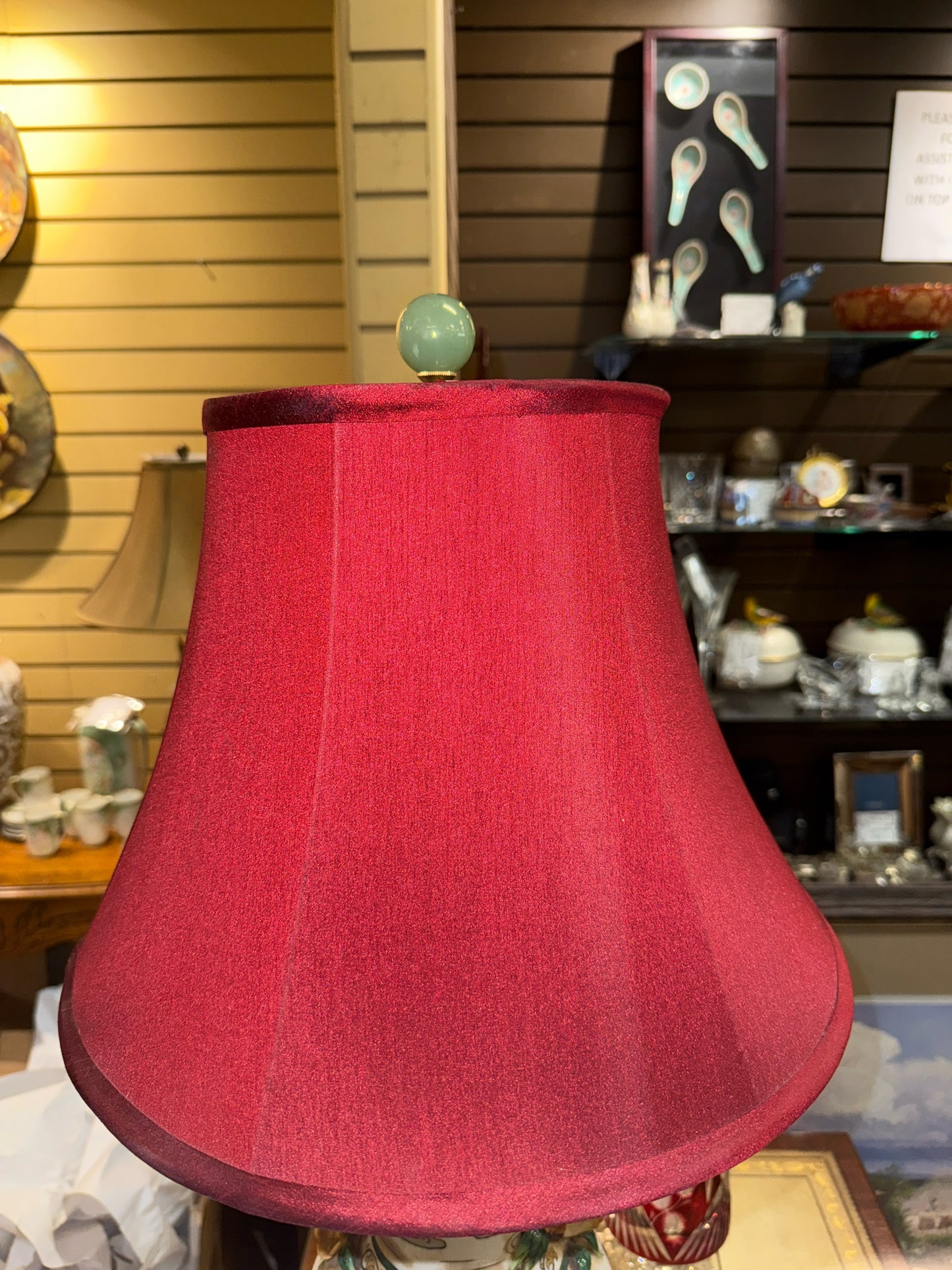Oriental Motif Hand Painted Accent Lamp w/ Burgundy 34" w/Jade Finial