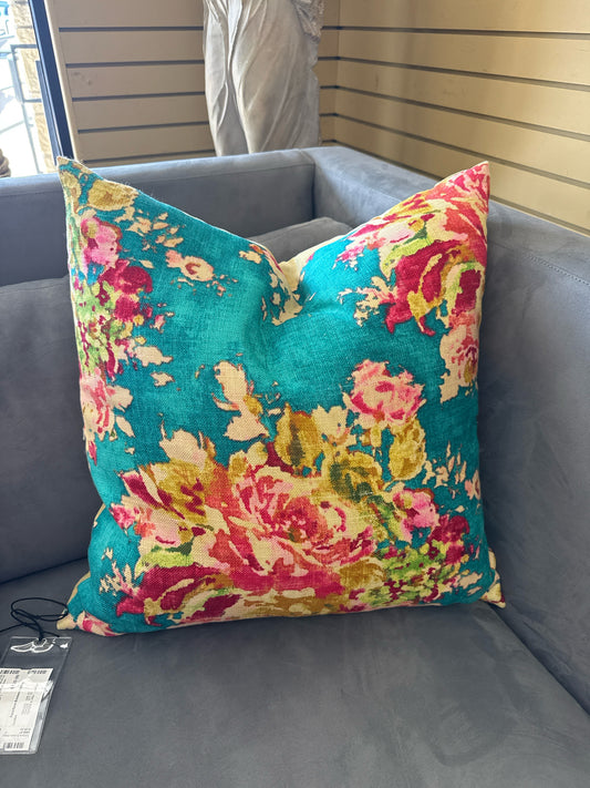 Turqoise/Floral Down Filled w/Linen Back Pillow (24"x 24")