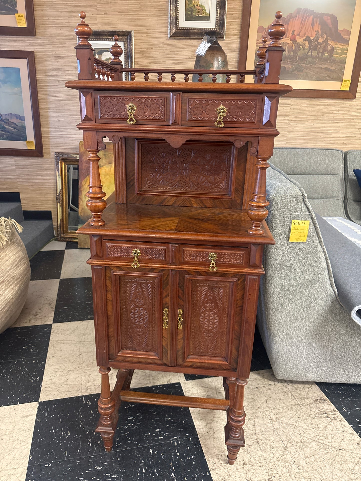 Vintage Burled Wood Carved Cabinet w/ 4 Drawers & 2 Doors