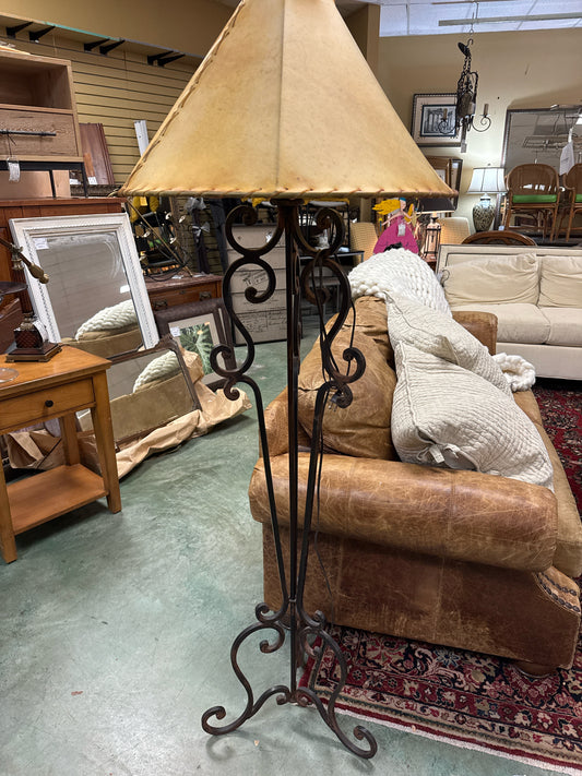 Wrought Iron Rustic Floor Lamp w/Rawhide Shade