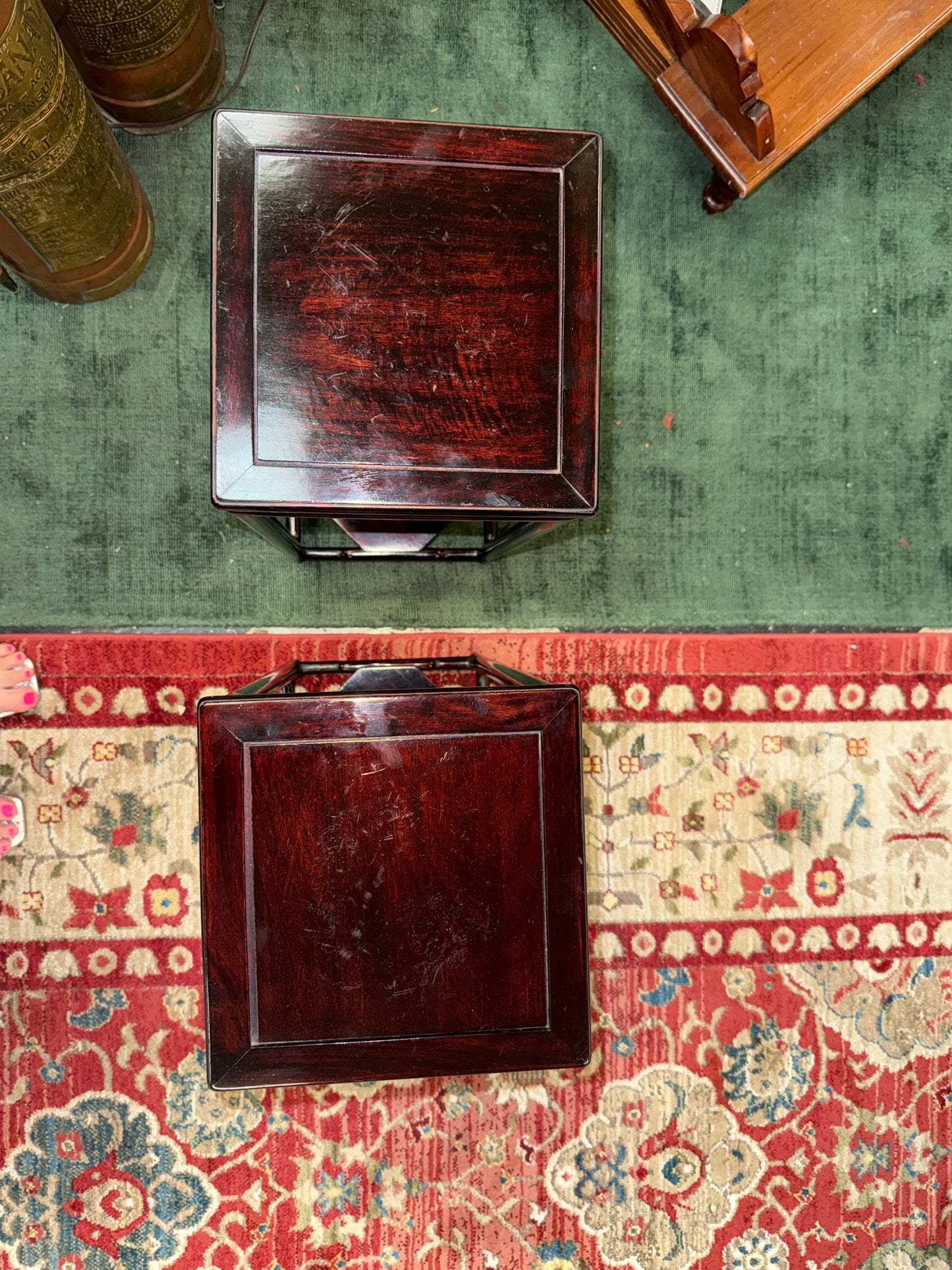 PAIR - Small Chinese Rosewood End Tables w/Lower Shelf 9.5x9.5x21