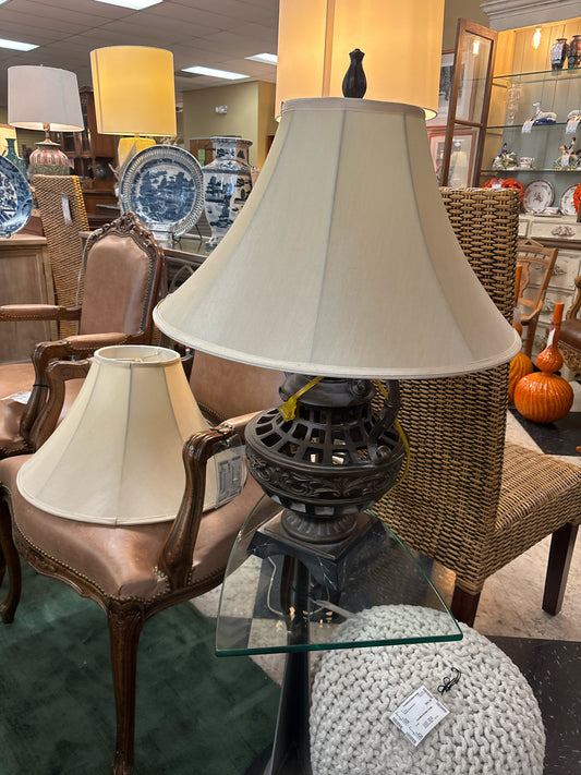 Brown Two Handle Ornate Lamp w/ Gold Shade