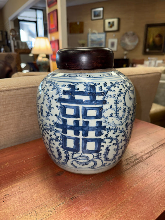 Blue & White Vintage Ginger Jar Asian Letters w/ Wooden Lids