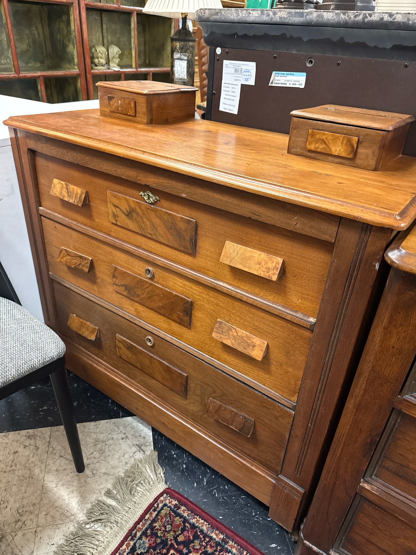3-Drawer Antique Dresser w/Burl Wood Accents