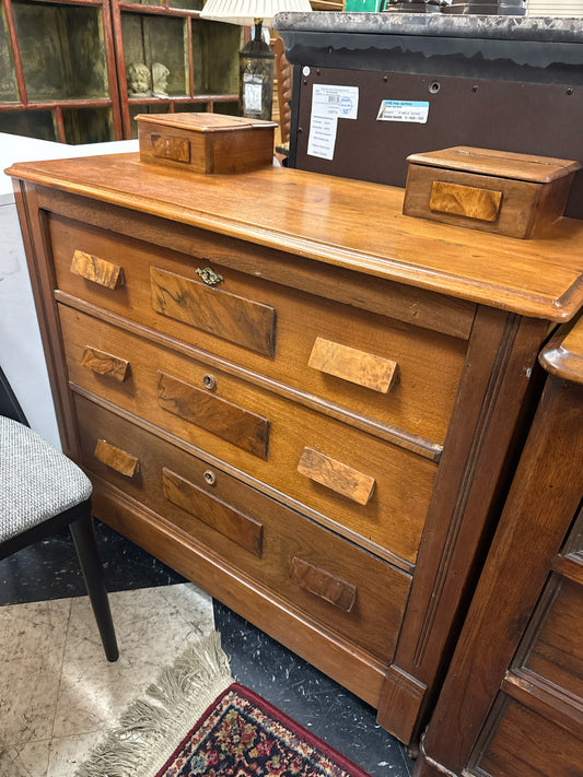 3-Drawer Antique Dresser w/Burl Wood Accents